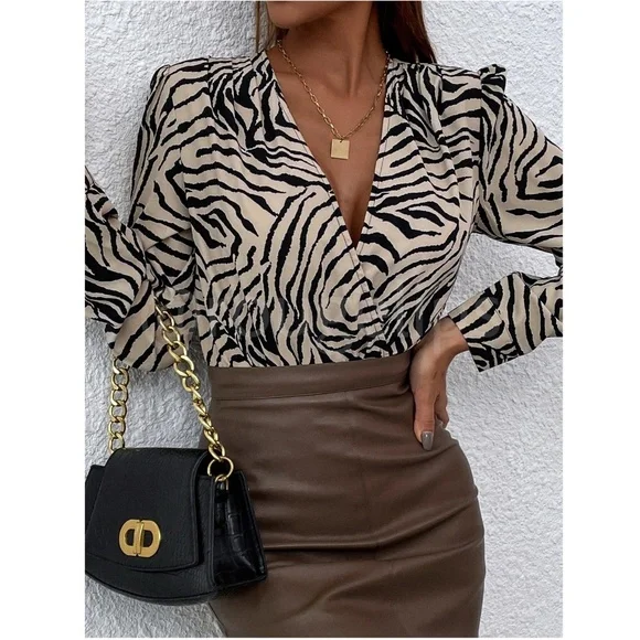 Zebra Animal Print Bodysuit Long Bishop Sleeves Puff V-Neck Surplice Black Beige - Picture 5 of 8